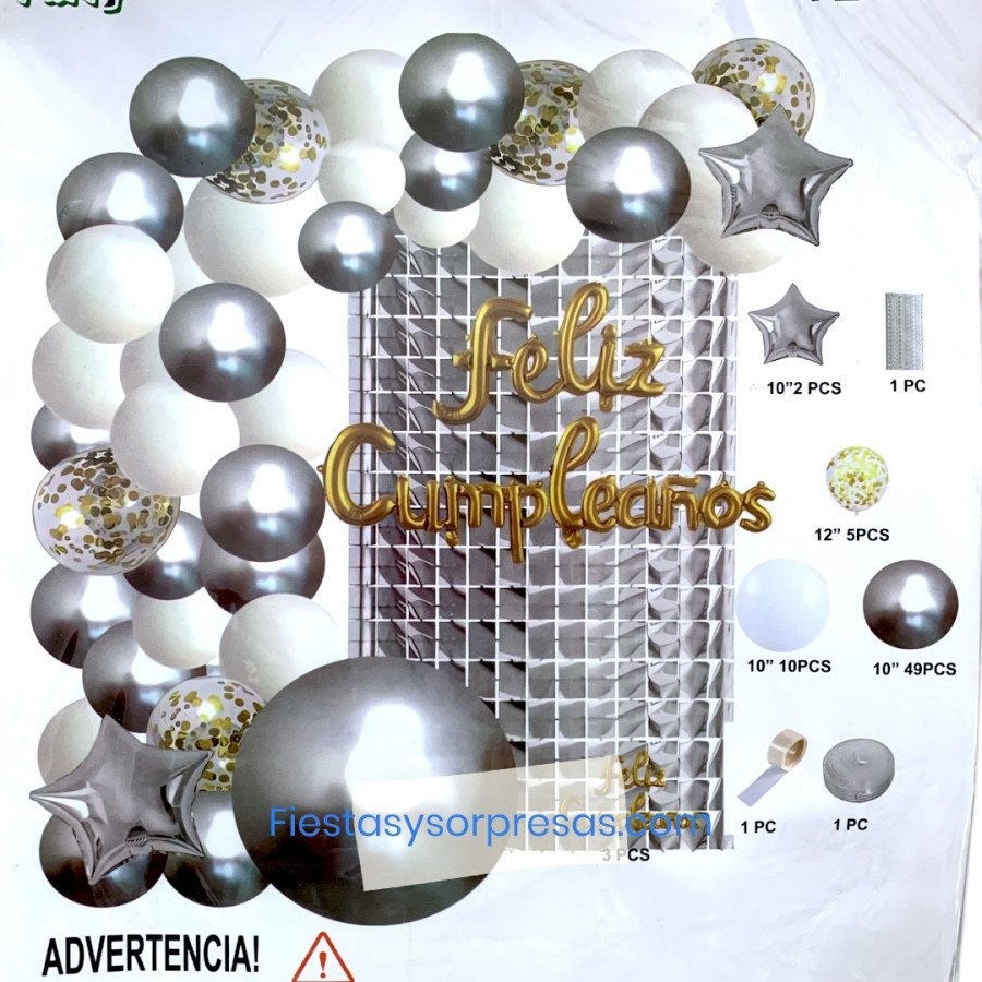 Arco de globos orgánico feliz cumpleaños plateado y dorado. Arco de globos orgánico feliz cumpleaños plateado y dorado.