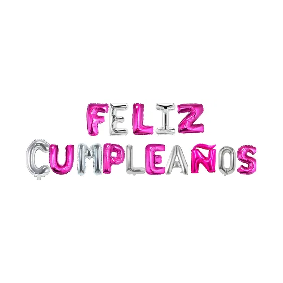 Letrero de globos feliz cumpleaños plateado y fucsia