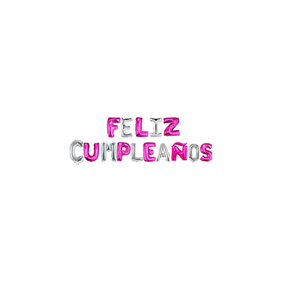 Letrero de globos feliz cumpleaños plateado y fucsia Letrero de globos feliz cumpleaños plateado y fucsia