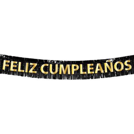 Letrero en flecos Feliz Cumpleaños negro