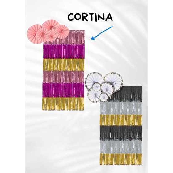 Cortina de flecos morado rosa dorado