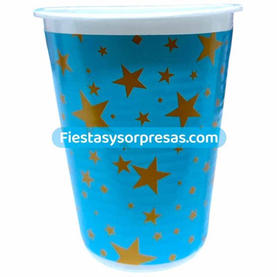 Vasos Azul Claro Estrellas Doradas 7oz. | Fiestas y Sorpresas