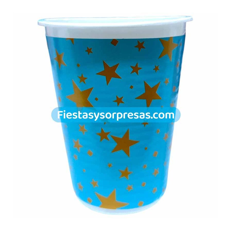 Vasos Azul Claro Estrellas Doradas 7oz. | Fiestas y Sorpresas