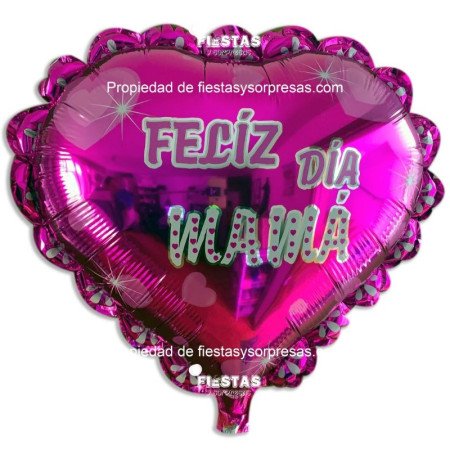 Globo metalizado "Feliz día mamá" en forma de corazón fucsia