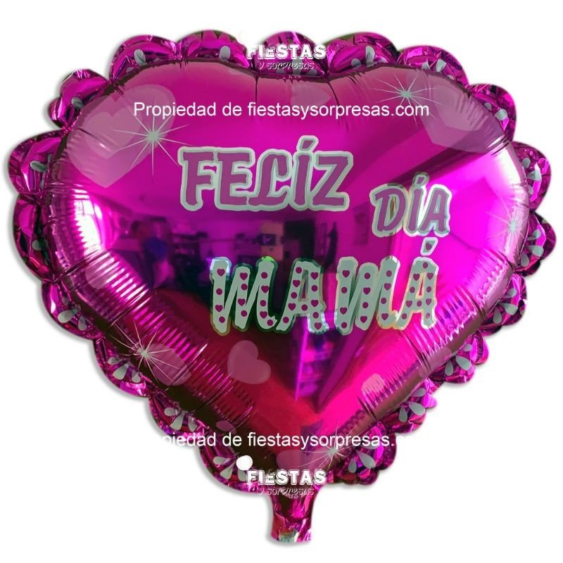 Globo metalizado "Feliz día mamá" en forma de corazón fucsia Globo metalizado "Feliz día mamá" en forma de corazón fucsia