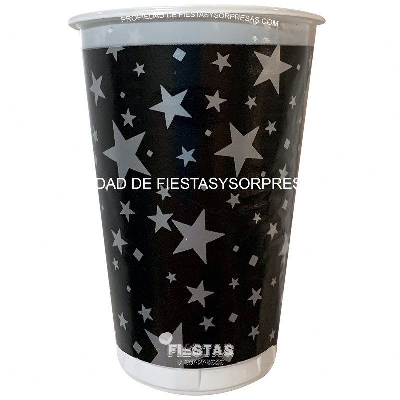 VASOS NEGRO ESTRELLAS PLATEADAS 7oz.- PAQUETE X 12