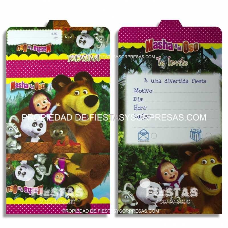 TARJETAS DE INVITACIÓN MASHA Y EL OSO - PAQUETE X 12