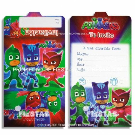 TARJETAS DE INVITACIÓN PJ MASKS - PAQUETE X 12