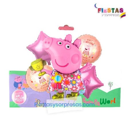 BOUQUET DE GLOBOS PEPPA PIG - 5 PIEZAS - PAQUETE