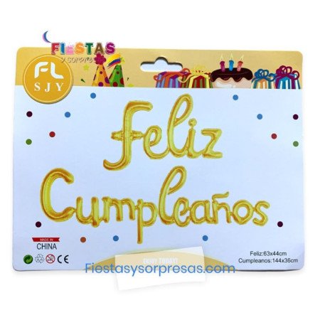 Globos "Feliz cumpleaños" en cursiva color dorado