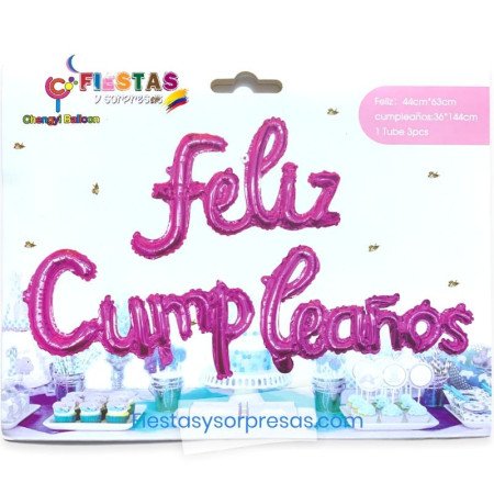 Paquete de globos de letras "Feliz cumpleaños" en cursiva color fucsia