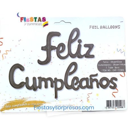 Globos "Feliz cumpleaños" en cursiva color negro
