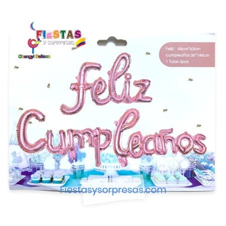 Globos "Feliz cumpleaños" en cursiva color oro rosa