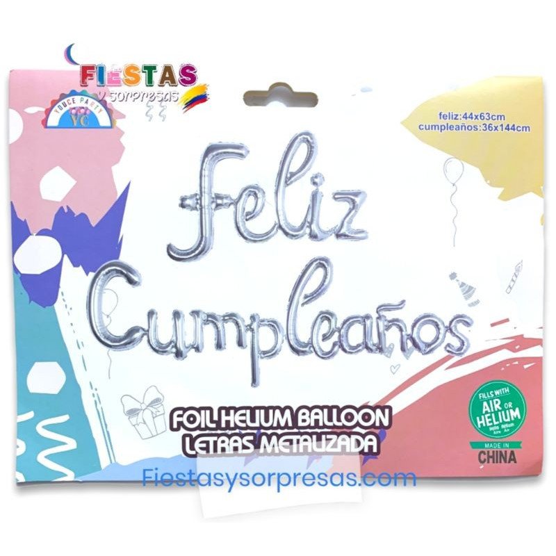 PAQUETE DE GLOBOS DE LETRAS "FELIZ CUMPLEAÑOS" CURSIVA - PLATA - PAQUETE PAQUETE DE GLOBOS DE LETRAS "FELIZ CUMPLEAÑOS" CURSIVA - PLATA - PAQUETE