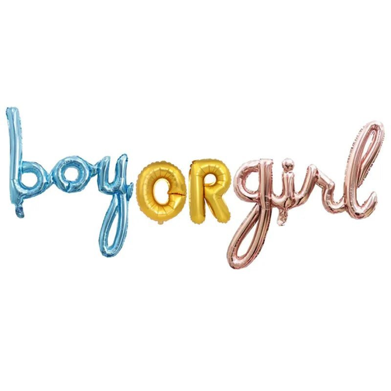 Globos con letras "Boy or Girl" en cursiva para baby shower Globos con letras "Boy or Girl" en cursiva para baby shower