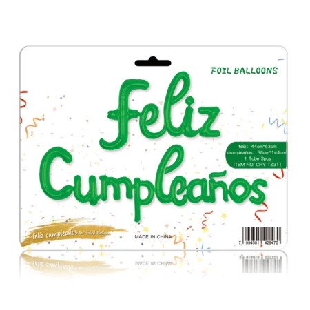 Globos "Feliz cumpleaños" en cursiva color verde