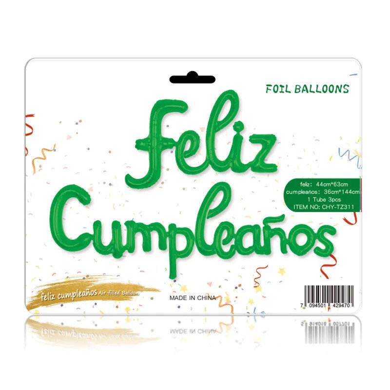 Globos "Feliz cumpleaños" en cursiva color verde Globos "Feliz cumpleaños" en cursiva color verde